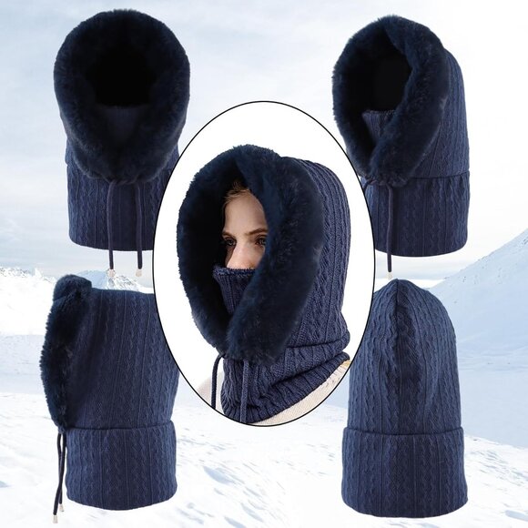 Women DarkbluePolyester Warm Thick Fluff Beanie Adult Neck Face Winter Balaclava - Picture 3 of 7